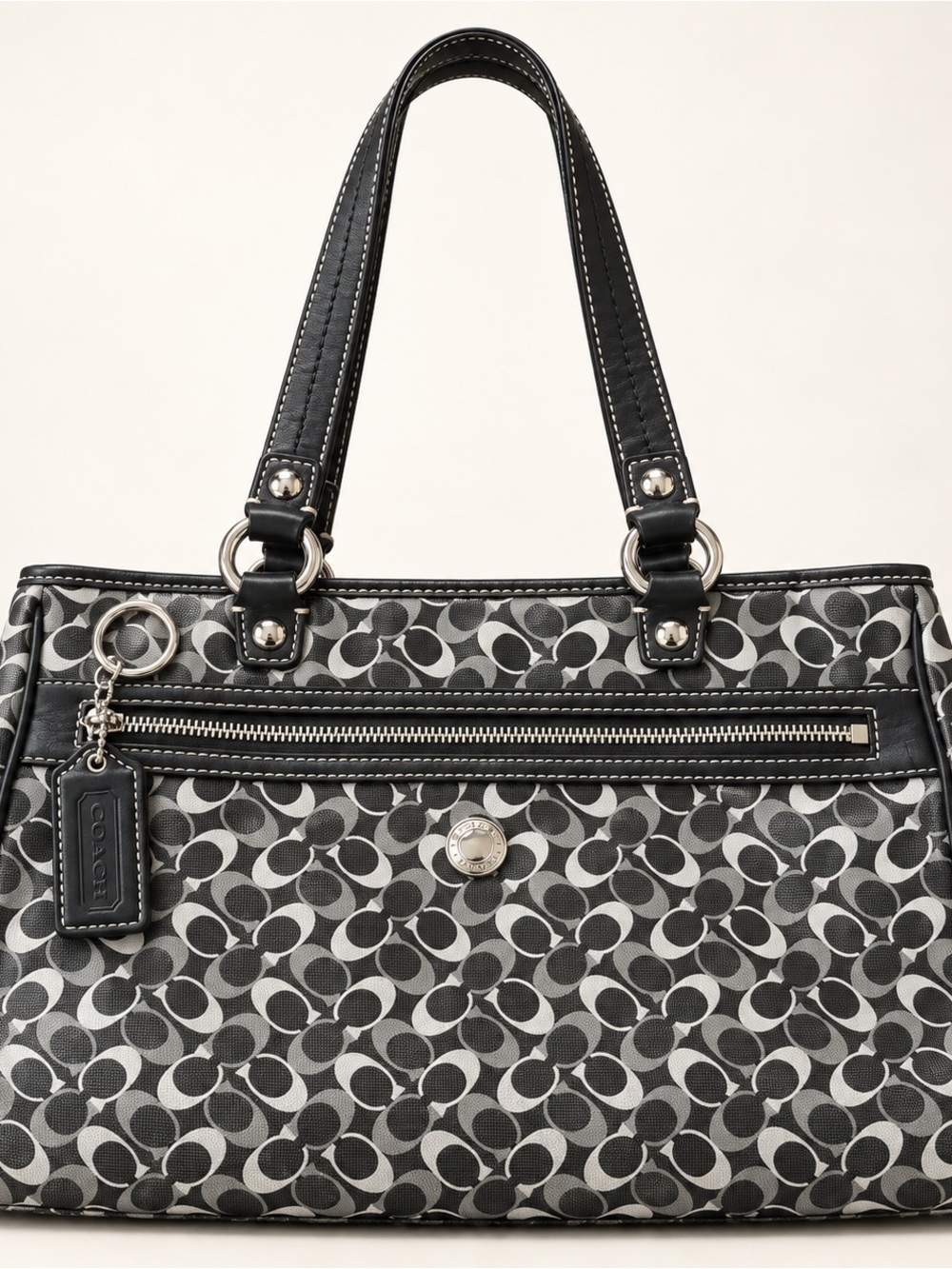 Coach Black & Gray Signature Print Tote Shoulder Bag